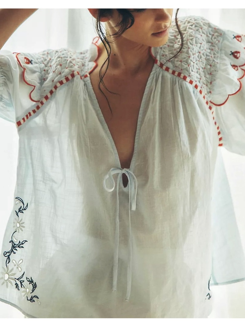 Anthropologie / LyreBird Ladybug Puff-Sleeve Embroidered Top